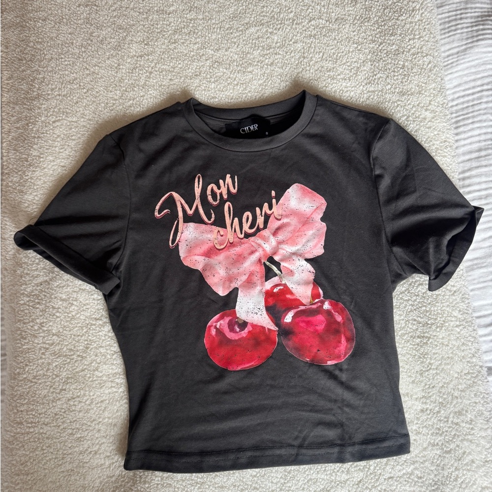 Cider Black Tee with Pink Bow and Red Cherry Graphic